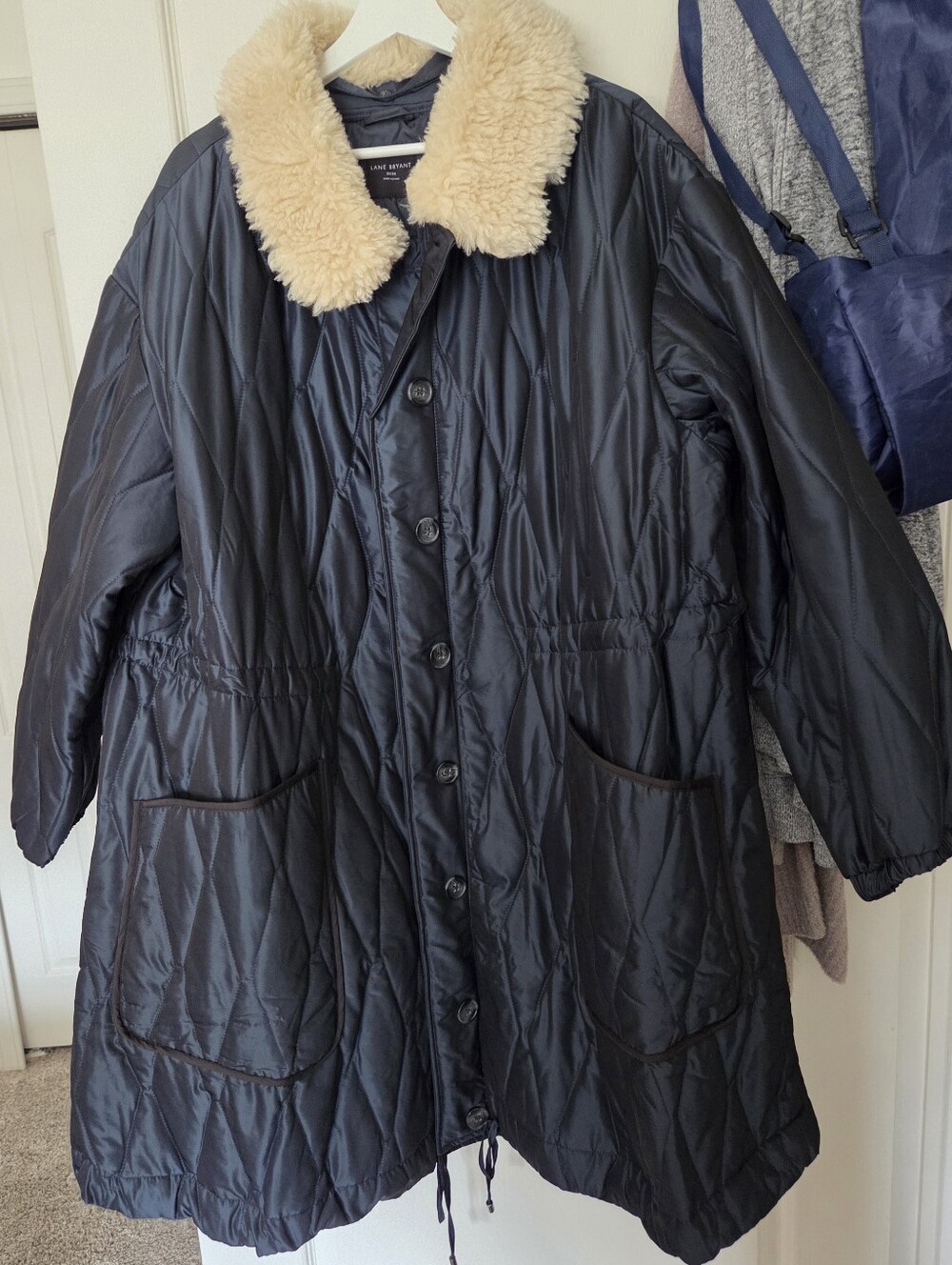 Lane Bryant Quilted Navy Blue Coat with Cream Faux-Shearling Removeable Collar